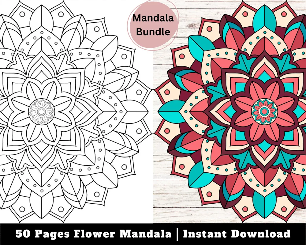 Flower Mandala Coloring Pages Bundle, Stress Relief Activity (Digital Download)
