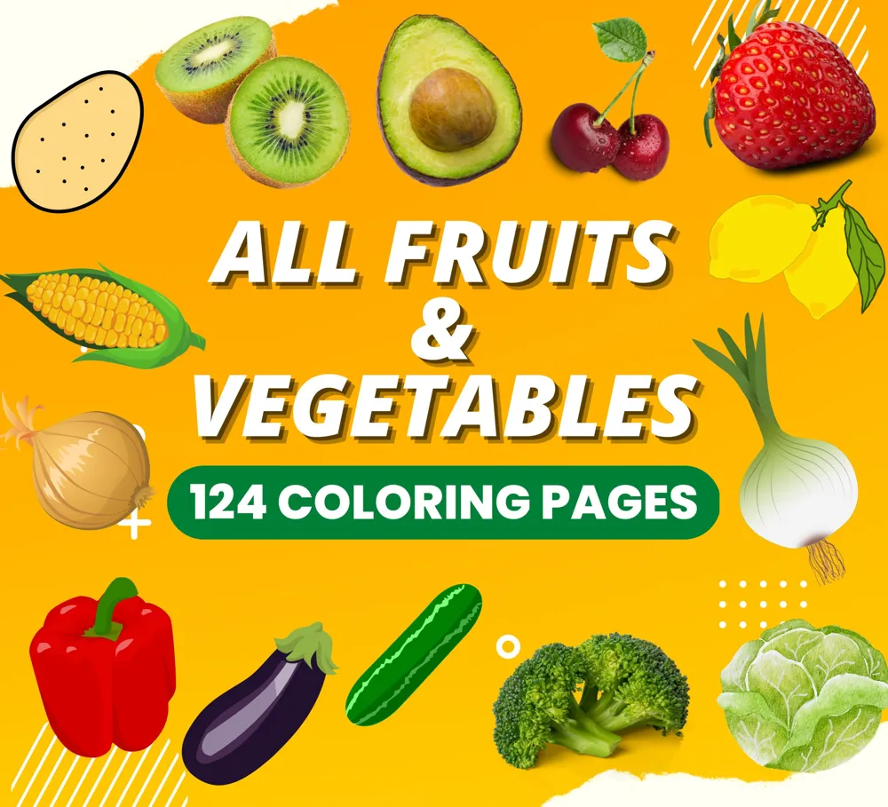 Fruits and Vegetables Coloring Book for Kids, 124 Pages (PDF Pattern)