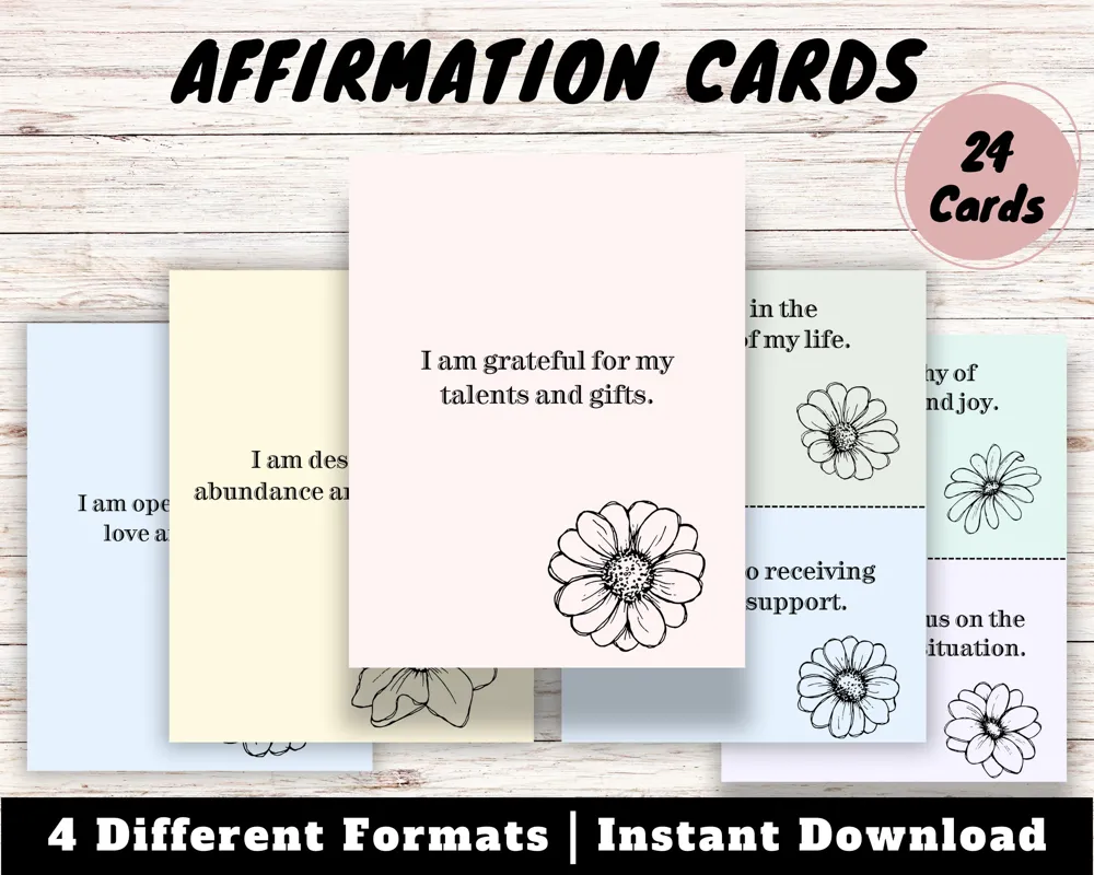 Positive Affirmation Cards: Daily Happiness, Inspiring Messages (Digital Download)