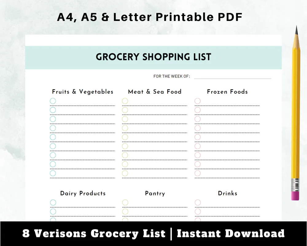 Printable Grocery Shopping List, A4 A5 Letter Size (Digital Download)