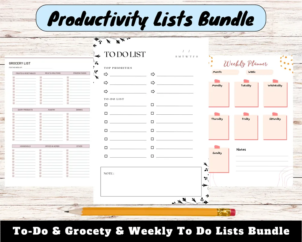Printable Productivity Lists Bundle, Weekly Planner, To-Do, Grocery (Digital Download)