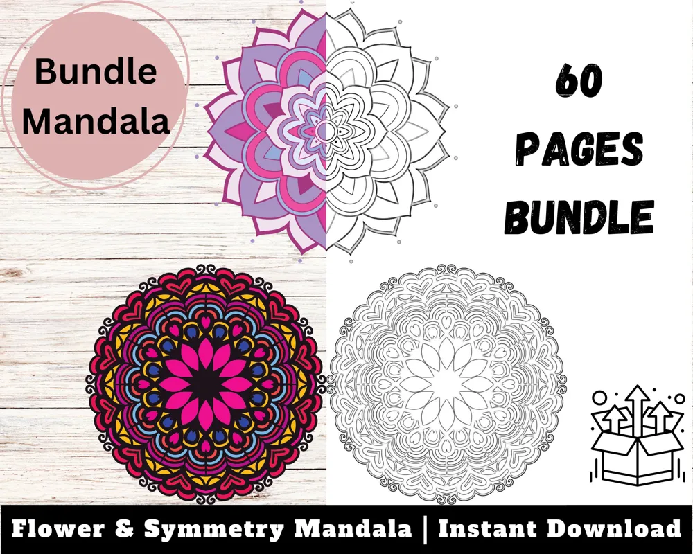Symmetry Mandala Coloring Pages: Flower and Geometric Designs (Digital Download)